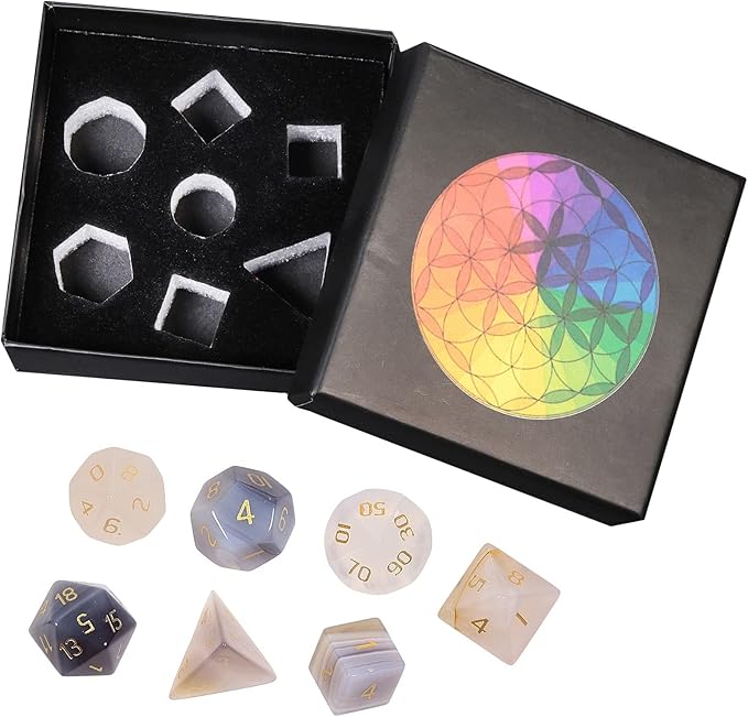 TUMBEELLUWA Engraved Crystal Stone Polyhedral Dice Set for RPG MTG Dungeons and Dragons Table Game 7 Pieces DND Board Game Dices with Pouch, Grey Agate