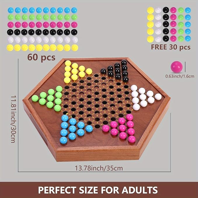 Chinese Checkers Board Game – 13.7" Large Wooden Set with 60 Colorful Acrylic Marbles + 30 Spares – Classic Family Strategy Game for Adults