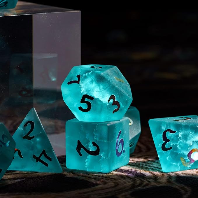 UDIXI Cyan Glass DND Dice Set, 7PCS Cracked Glass Dice for Dungeons and Dragons Tabletop Games