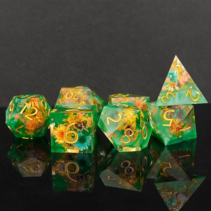 Haxtec DND Dice Set Sharp Edge Resin Dice Set with Dice Case, Flower D and D Dice, Polyhedral D&D Dice Set for Dungeons and Dragons TTRPGs DND Gift, Green