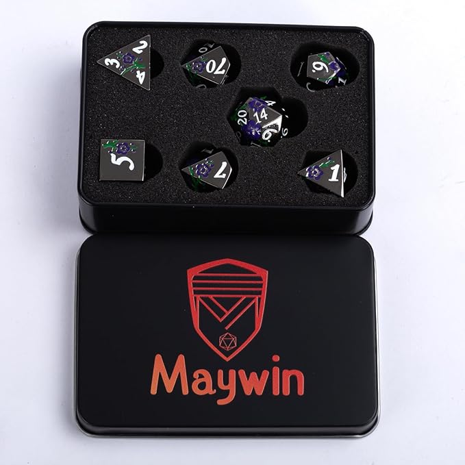 Black Metal Dice Set D&D,7pcs RPG Metal Flower Dice Set with Gift Box,RPG Polyhedral Metal Dice for Table Game(Black Nickel - Purple Green)