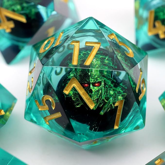 DND Dragon Eye Dice Set 7PCS Handmade Sharp Edge Resin Dice for Dungeons and Dragons Table Games with Gift Case (Rotating Green Eye)
