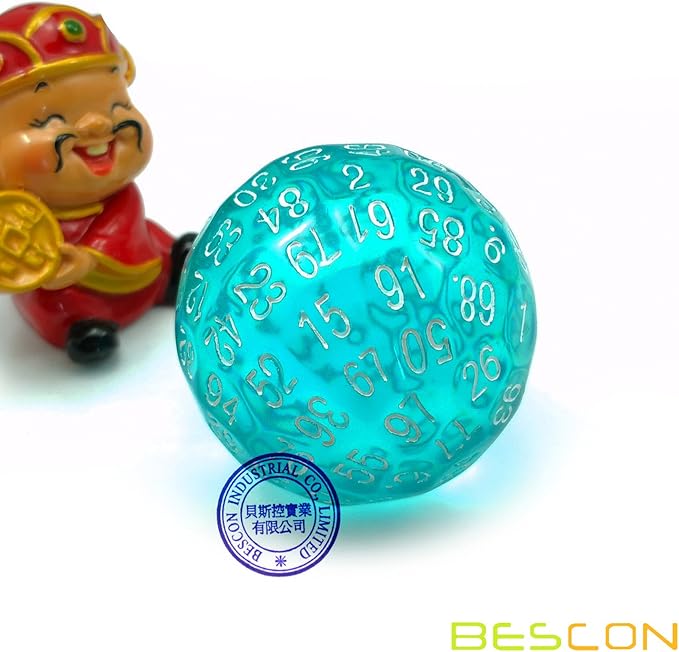 Bescon Translucent Polyhedral Dice 100 Sides Dice, Transparent D100 die, 100 Sided Cube, D100 Game Dice,100-Sided Cube of Teal