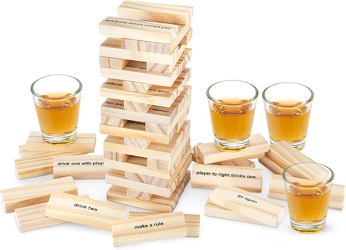 True Stack Blocks Game - Indoor or Outdoor Games for Adults - Adult Drinking Games - Stacking Game with Shot Glasses - Set of 1