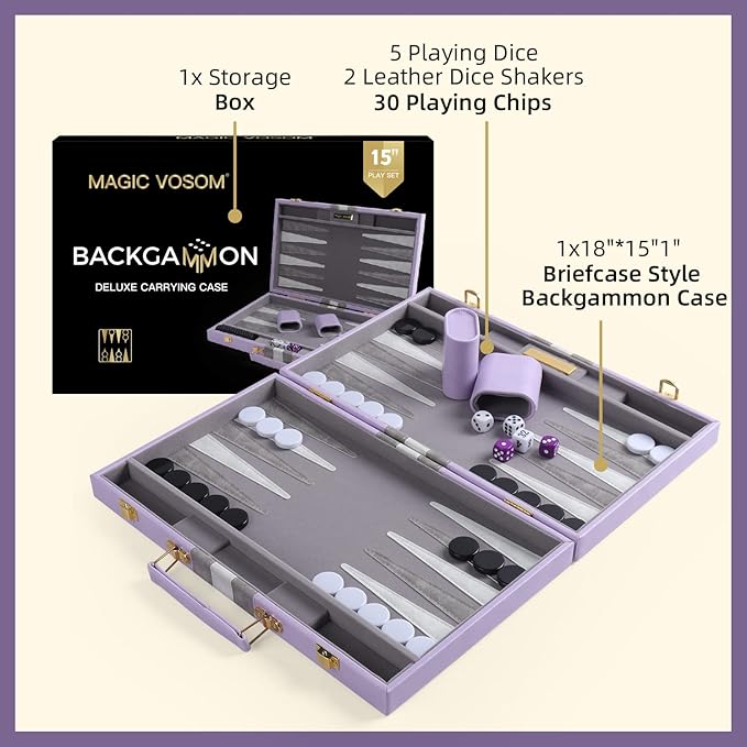 Travel Medium 15 Inch Backgammon Set Classic Board Game Travel with Leather Make Board Gift Package, Portable Travel Strategy Backgammon Game Set for Adults, Kids (Purple, Medium)