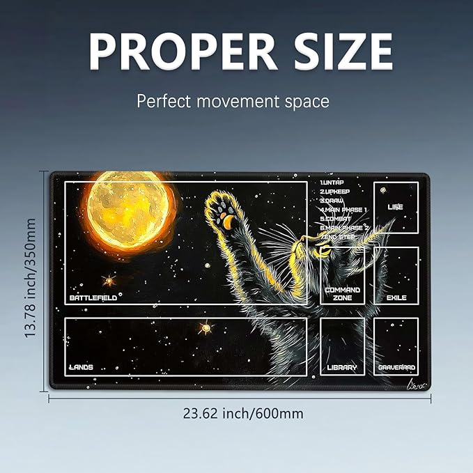 MTG Playmat Size 23.6x13.8in with Storage Bags Portable Playmat TCG and Board Game Mat for Cards Rubber Base Slip-Resistant Mousepad Desk Mat (Moon/Cat,with Zone)