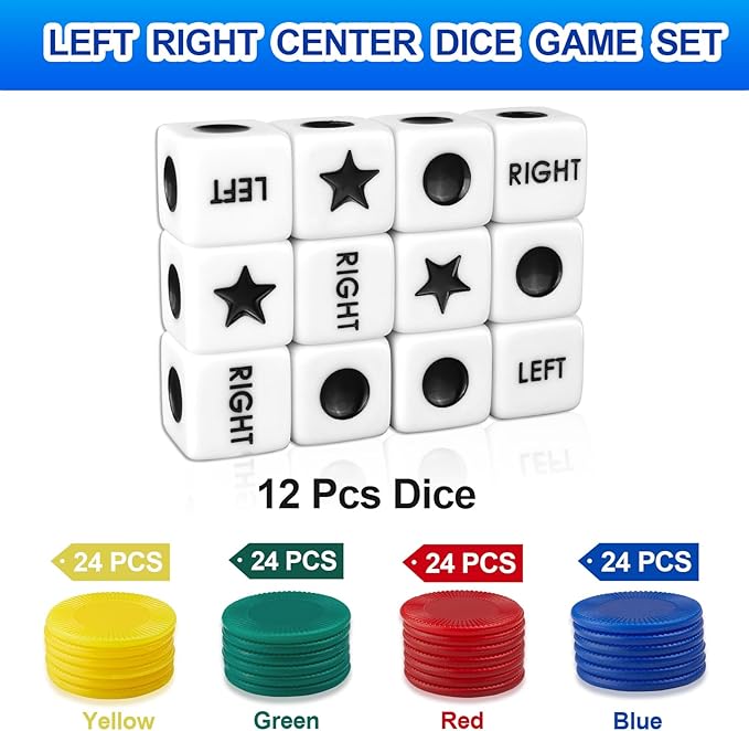 Left Right Center Dice Game Set - 4 Pack with 3 Dice, 24 Chips, and Instructions per Set - Easy Storage Box Design for Travel,School, Parties, and Family Gathering (4)