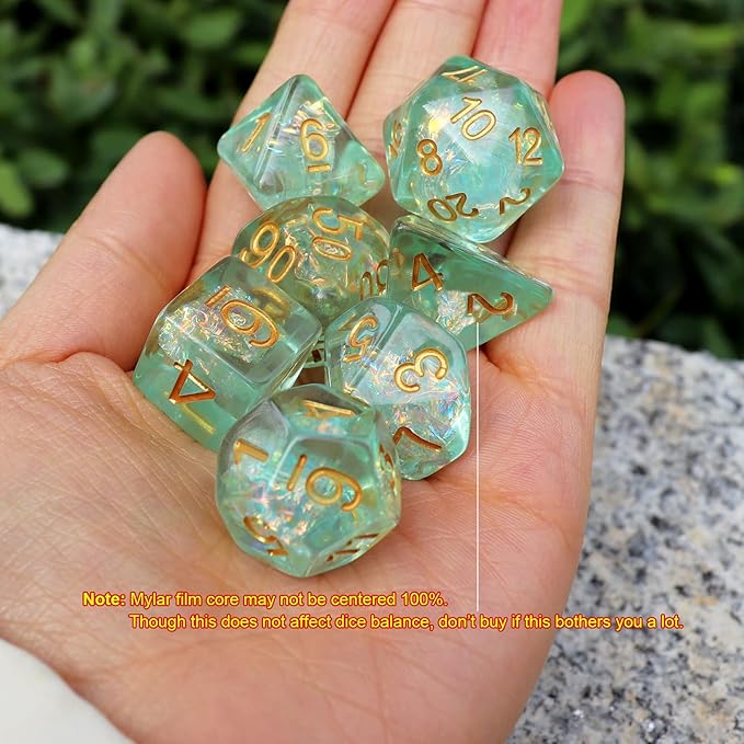 Haxtec Light Green DND Dice Set 7PCS Filled Resin Polyhedral D&D Dice W/Iridescent Mylar Inclusion for Roleplaying Games Dungeons and Dragons Gift