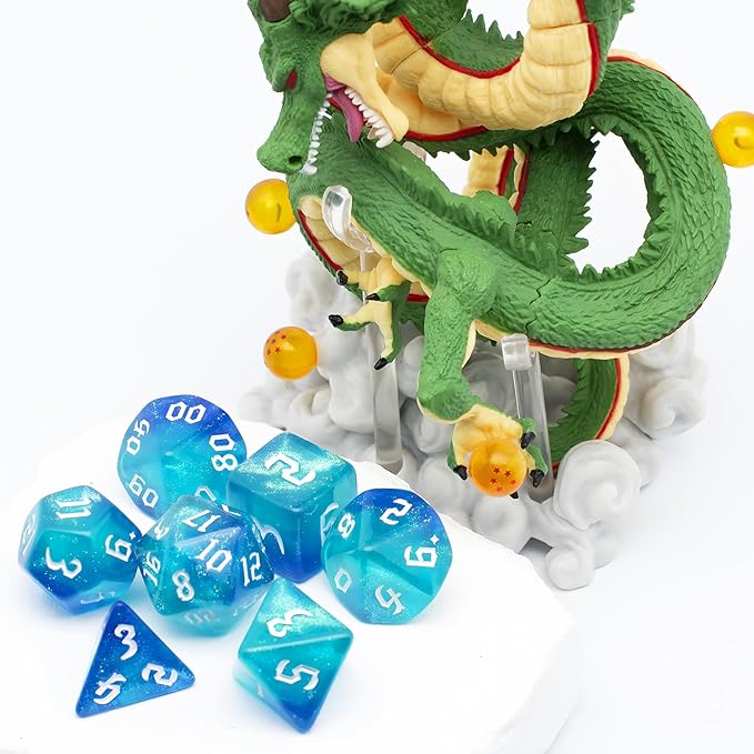 DND Dice Set with Dragon Totem Metal Gife Case, Dungeons and Dragons Dice Set,Polyhedral Dice Set Filled with Shiny Glitters,Role Playing Games and Tabletop Games (Blue&Green)