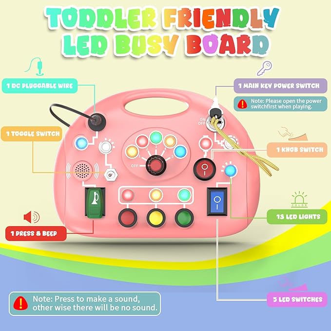 Toddler Busy Board with Led Light Switch, Travel Sensory Board Montessori Toddlers Fat Brain Toys 1-2 Year Old, Baby Educational Activities Travel Essential Toys Ideal Christmas & Birthday Gift (Pink)