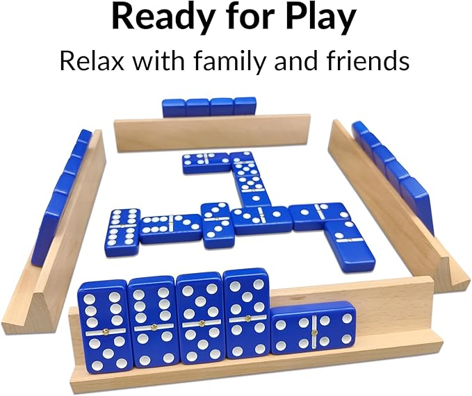 Dominoes Set for Adults with 4 Wooden Racks/Trays, Double Six Travel Portable Case 6 Tiles Holders, 28 Dominos Family Board Games - Blue