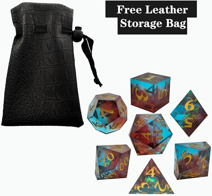 D&D DND Resin dice Set, RPG Sharp dice Handmade polyhedral dice Set with Beautiful connotations, Suitable for Role-Playing Board Game Dungeons & Dragons 7PC Digital Free Black Storage Bag Brown Blue