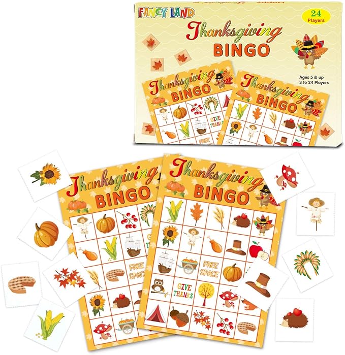 Fancy Land Thanksgiving Bingo Game 24 Players for Kids Holiday Party Craft Supplies