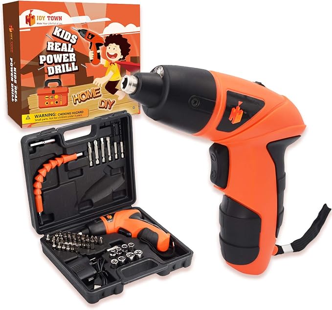 JoyTown Kids Real Power Drill Set – Electric Cordless Drill Tool Kit for Children with Interchangeable Bits, Flexible Shaft, Charger, All in Carrying Case, Learning Tools for Boys & Girls Home DIY