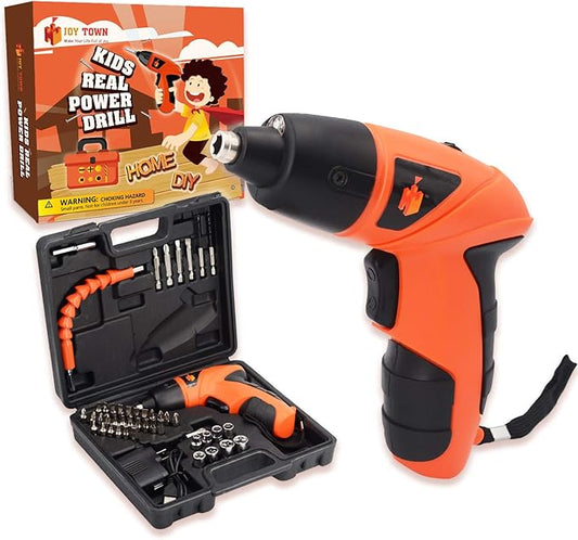 JoyTown Kids Real Power Drill Set – Electric Cordless Drill Tool Kit for Children with Interchangeable Bits, Flexible Shaft, Charger, All in Carrying Case, Learning Tools for Boys & Girls Home DIY