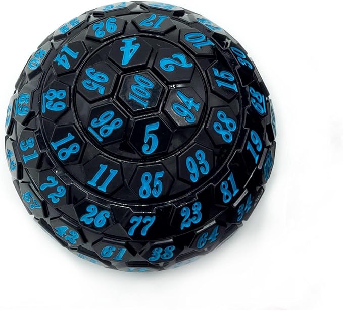 100 Sided Polyhedral Dice, Single D100 Game Dice, 100 Sided Cube with Black Pouch, D100 die 48 mm (Black with Blue Number)
