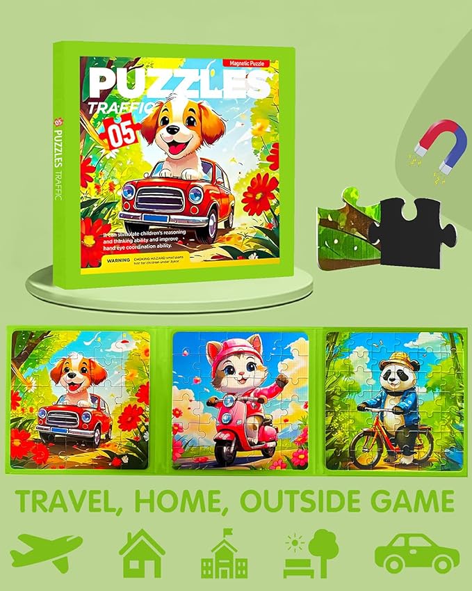 Magnetic Puzzles for Kids Ages 4-8, 3 in 1 Toddler Travel Puzzles, Animal Car Activities Toy for Boys Girls 4-6, Preschool Learning Toy for Kids 3-8 Year (Bike)