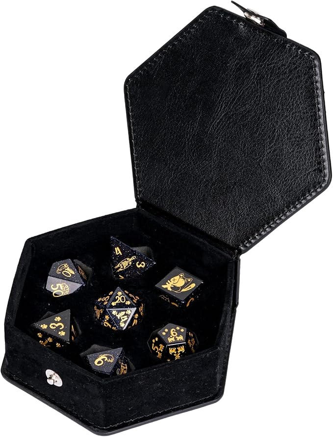 UDIXI Gemstone DND Dice Set Blue Sandstone Dice with Cute Cat Pattern, Stone Dice for Dungeons and Dragons Tabletop Game