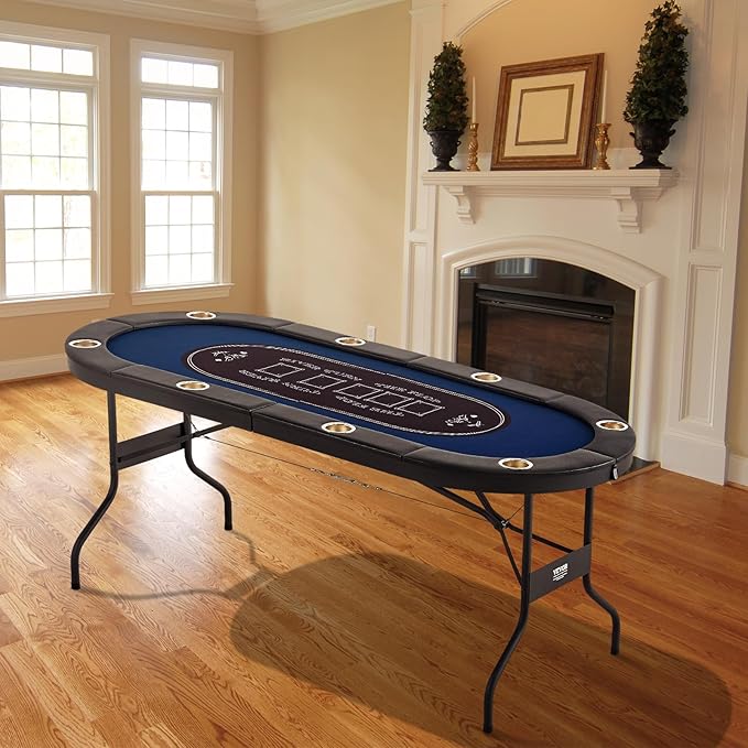 VEVOR Foldable Poker Table for 8 Player, Blackjack Texas Holdem Table with Padded Rails and Stainless Steel Cup Holders, 72" Oval Casino Leisure Table,Blue,Portable Folding Card Board Game Table