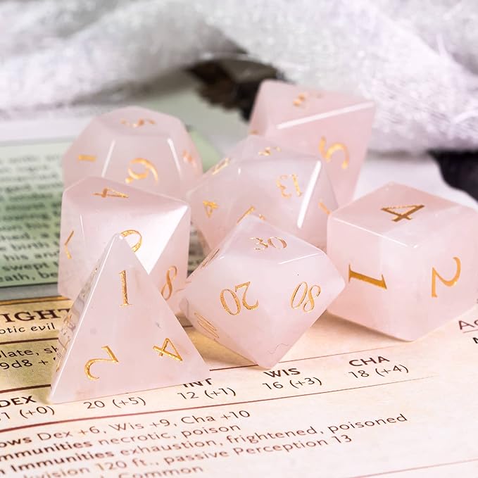 UDIXI Stone Dice Set D&D 7PCS Gemstone Dice Polyhedral DND Dice with Gift Case for Dungeons and Dragons Role Playing Games?Rose Quartz?