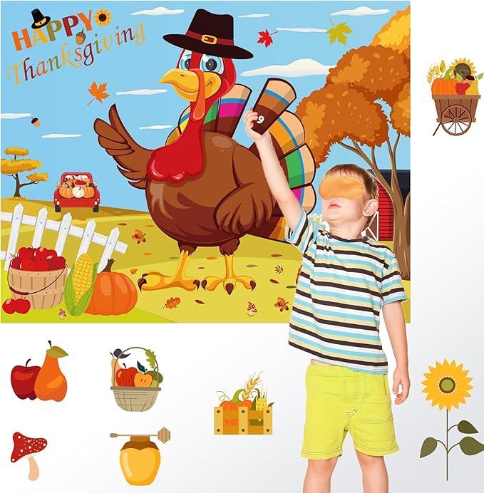 Thanksgiving Games for Kids Pin The Tail On The Turkey with 20pcs Turkey Tails Stickers Turkey Games for Kids Thanksgiving Party Activities Favors Fall Festival Games Friendsgiving Party Games