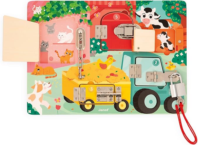 Janod J07119 Farm Padlock Activity Board with 5 Opening Types of Wooden Toys, FSC- from 3 Years, Multi-Coloured
