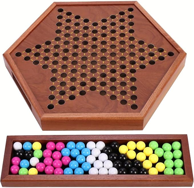 Chinese Checkers Board Game – 13.7" Large Wooden Set with 60 Colorful Acrylic Marbles + 30 Spares – Classic Family Strategy Game for Adults