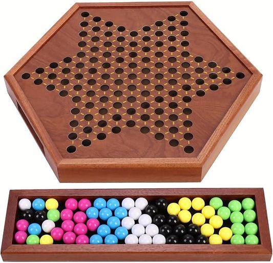 Chinese Checkers Board Game – 13.7" Large Wooden Set with 60 Colorful Acrylic Marbles + 30 Spares – Classic Family Strategy Game for Adults