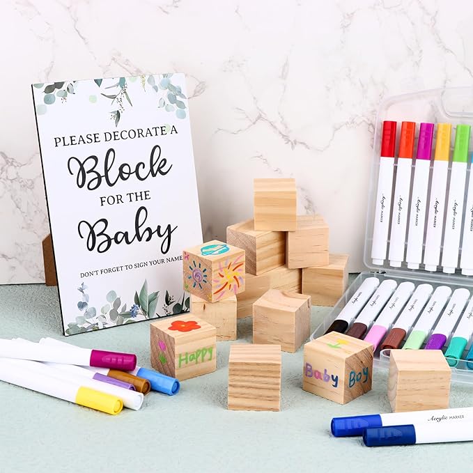 craftshou 105 Pcs Baby Shower Games Gifts Set Including Decorate a Block Game Sign 80 Blank Wooden DIY Block 24 Acrylic Paint Marker Theme Baby Shower Prize Accessories