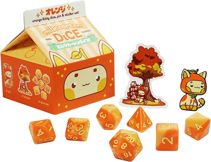 1985 Games Orange Kawaii Cat Dice Set – Milk Carton-Inspired Dice for DND | TTRPGs & Tabletop Roleplaying