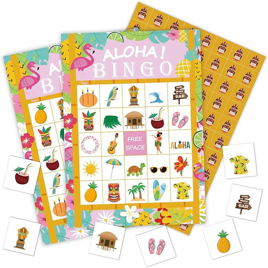 Ziyouza Hawaiian Luau Aloha Bingo Game Cards, 24 Players Bingo Games for Tropical Summer Theme Birthday Party Family Party Outdoor Activity -11