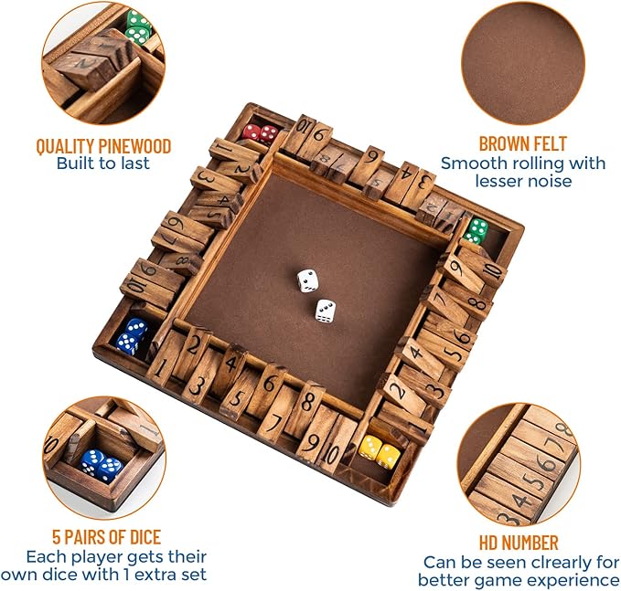 Wooden 1-4 Player Shut The Box Game Classic Dice Board Game for Kid & Adult