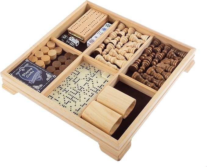 Board Game Set - Deluxe 7-in-1 Classic Board Games for All Ages - Wood Game Center with Storage - Chess, Backgammon, Dominos, Checkers, Dice Set, Cribbage Board, and Playing Cards by Trademark Games