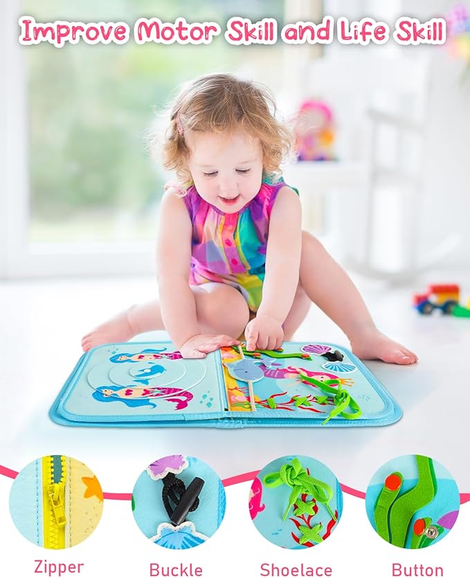 Primo Lines Toddler Busy Board-Montessori Toy for 1 2 3 4 Years Old Girl Birthday Gift, Sensory Busy Book Educational Activities for Airplane Car Travel Toys