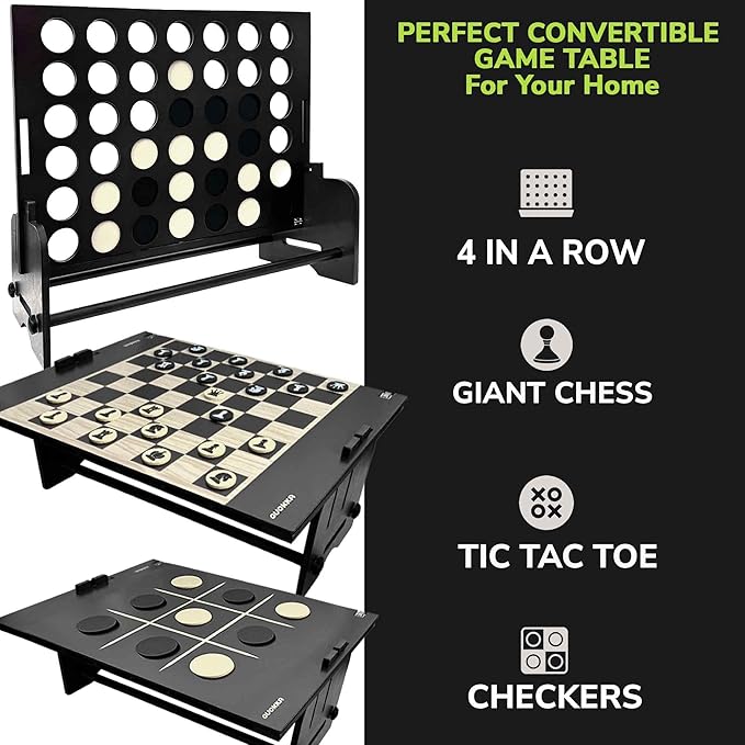 QUOKKA Giant Black Four in a Row Connect Game 4-in-1 SUPERSET -Wooden Jumbo Family Friends Game for Adults| Backyard Family Party | Big Chess & Checkers | Indoor Game| Wooden Tic Tac Toe | All Weather