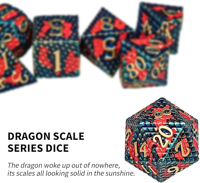 Metal DND Dice Set,Colorful Dragon Scales DND Dice 7-pcs Metal Polyhedral Dice Set for Dungeons and Dragons RPG MTG Table Games