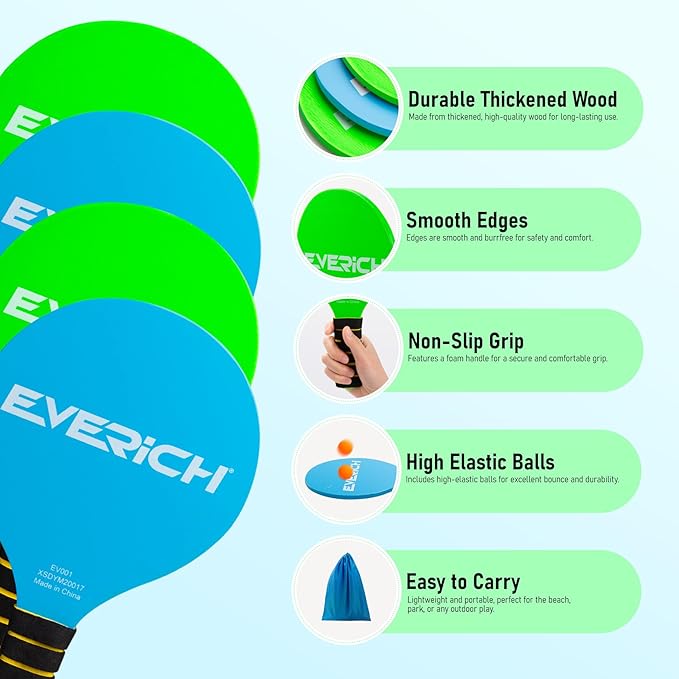 EVERICH Upgraded Toss Catch Paddle Ball Game Set Flying Disc, Outdoor Racket Games for Kids Adults, Beach Pool Sand Lawn Toys Includes 8 Paddles 8 Balls 8 Birdies, Birthday Easter Gift for Boys Girls