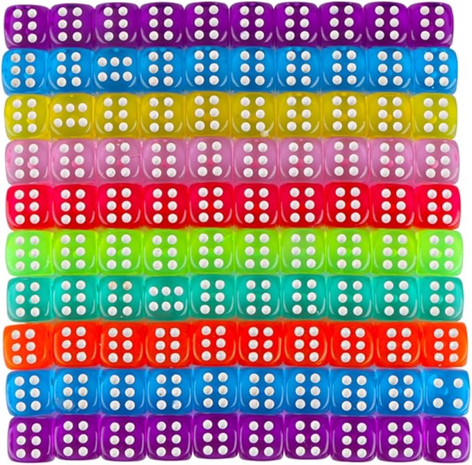 100 Pcs 6-Sided Games Dice Set, Translucent Colors Dices 14 mm Round Corner Dice for Playing Games, Acrylic Bulk Dice for Board Games, Dice Games, Party Favors Gifts