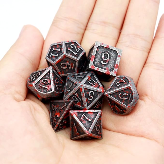 Haxtec Bloodstained Metal DND Dice Set Blood Polyhedral D&D Dice for Dungeons and Dragons Gift TTRPG Antique Metal Halloween Dice
