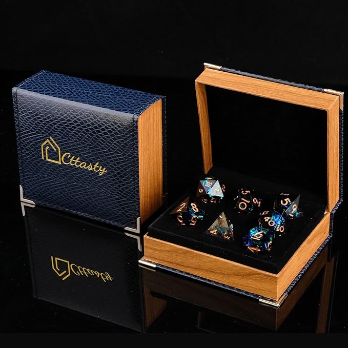 DND Dice Set Resin Sharp Edge Dice Set Handmade 7pcs Polyhedral Dice Set DND RPG MTG Role Playing Game Dice Set D&D Dice with Gift Case for DND Dungeons and Dragon (Light-Black)
