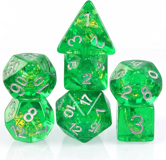 UDIXI Resin Polyhedral DND Dice Set, 7die RPG D&D Dice for Dungeons and Dragons, Pathfinder, Board Games (Green with Silver Numbers)