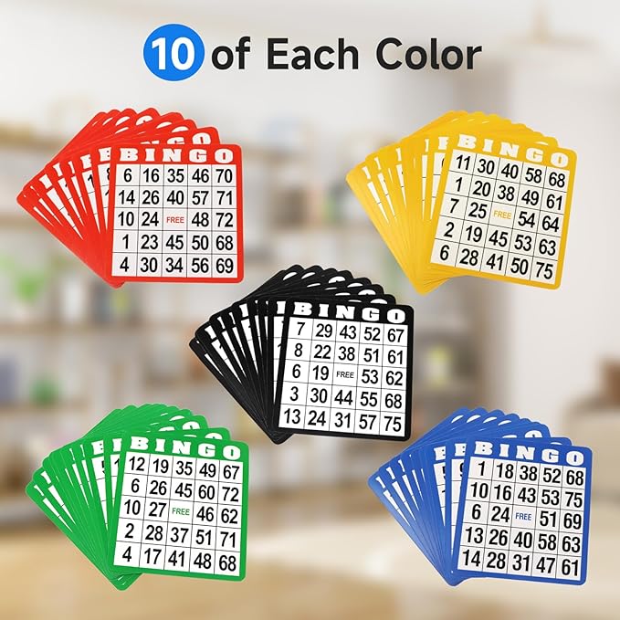 GSE Games & Sports Expert 50-Pack Multi-Color Bingo Game Cards with Easy Read Numbers, Reusable Paper Bingo Sheets for Large Groups, Family/Friend Parties