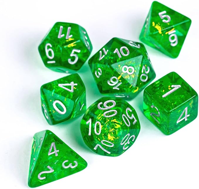 UDIXI Resin Polyhedral DND Dice Set, 7die RPG D&D Dice for Dungeons and Dragons, Pathfinder, Board Games (Green with Silver Numbers)