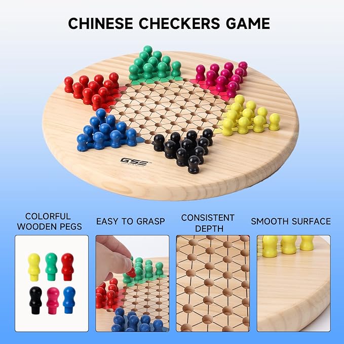 GSE Games & Sports Expert 11.5" Natural Wood 2-in-1 Chinese Checkers and Gobang Board Game Set with 66 Colorful Wooden Pegs and Stones, Classic Strategy Game for Kids & Adults