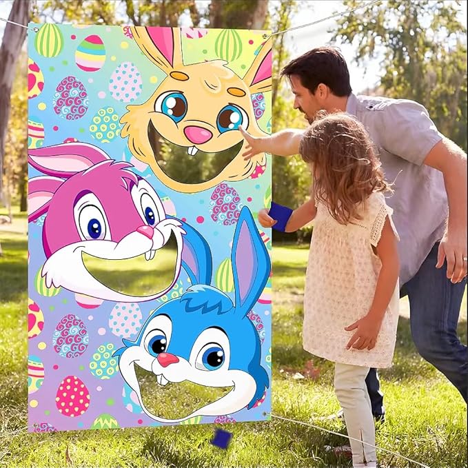 Easter Games, Funny Bunny Toss Game, with 4 Bean Bags, Premium Banner and Accessories, Easter Party Games for Kids Adults Family Outdoor, Party Activities Supplies