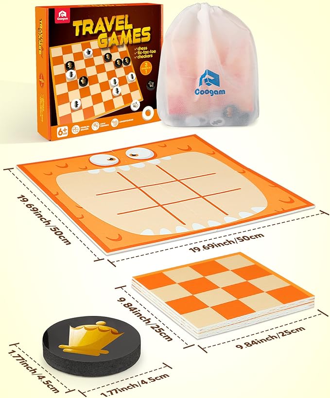 Coogam Chess and Checkers Board Game, 3-in-1 Tic Tac Toe Vintage Table Game with Mat, Lawn Party Favor Activity Indoor Outdoor Travel Toy for Family Play