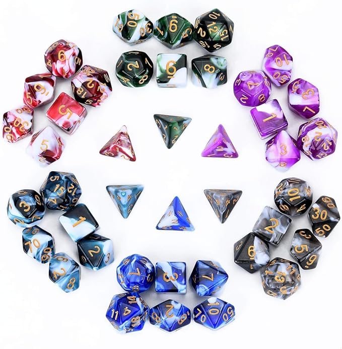 FLASHOWL Polyhedral Dice Set Table Games Dice Pressure Remove 6 Sets Dice 6 x 7 Die Series D20, D12, D10, D8, D6, D4 DND dice DND RPG MTG Double Colors One Piece, 6 Sets with 6 Colors (42 Pieces)