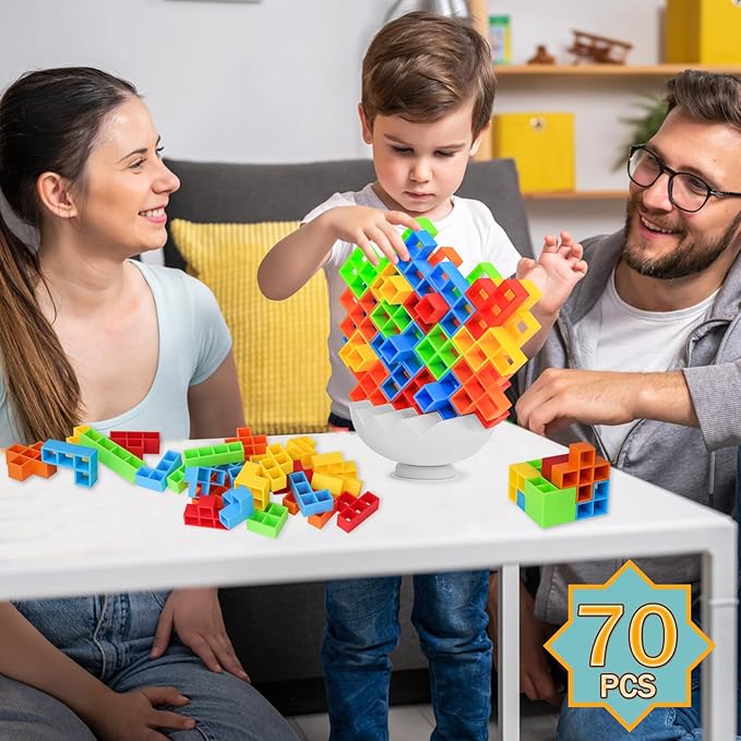Tetra Tower Stack Game, Balance Stacking Blocks Board Games for Kids & Adults, Fun for Classroom, Dorm, Party (70pcs)