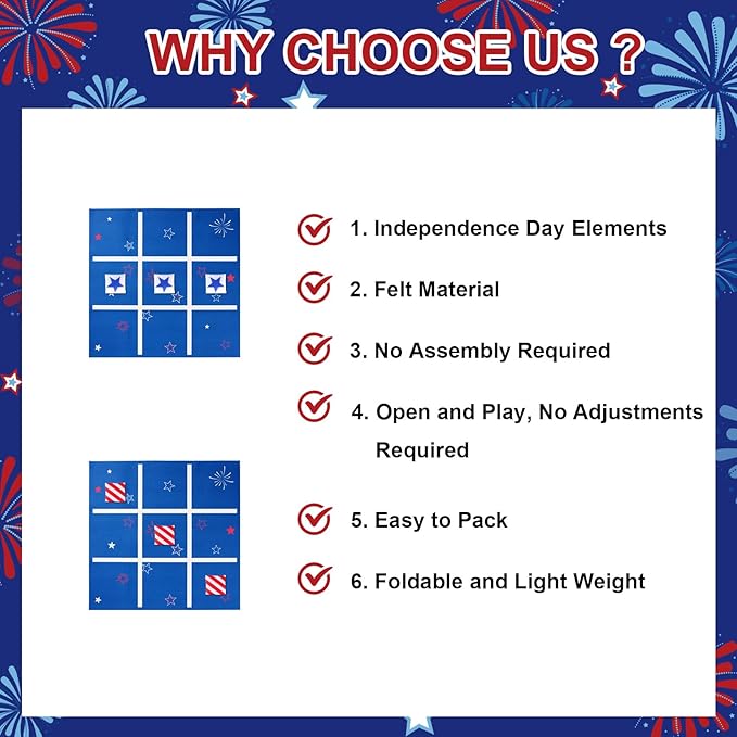 Vanblue 4th of July Tic Tac Toe Bean Bag Toss Game - Giant 3FT Felt Board with 10pcs Red & Blue Bean Bags - Outdoor & Indoor Family Fun Game Set