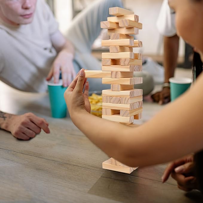 GOTHINK Tumble Tower Game for Kids and Adults, 54pcs Wooden Board Stacking Game for Family Games Night, Classical Wood Blocks Game, Standard Size